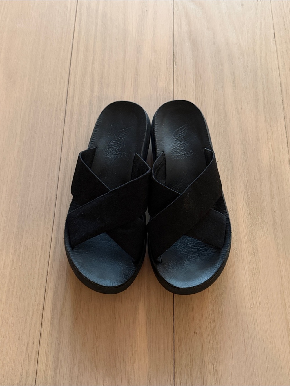 Ancient Greek Sandals Thais Comfort Black Cross-Strap Slides
